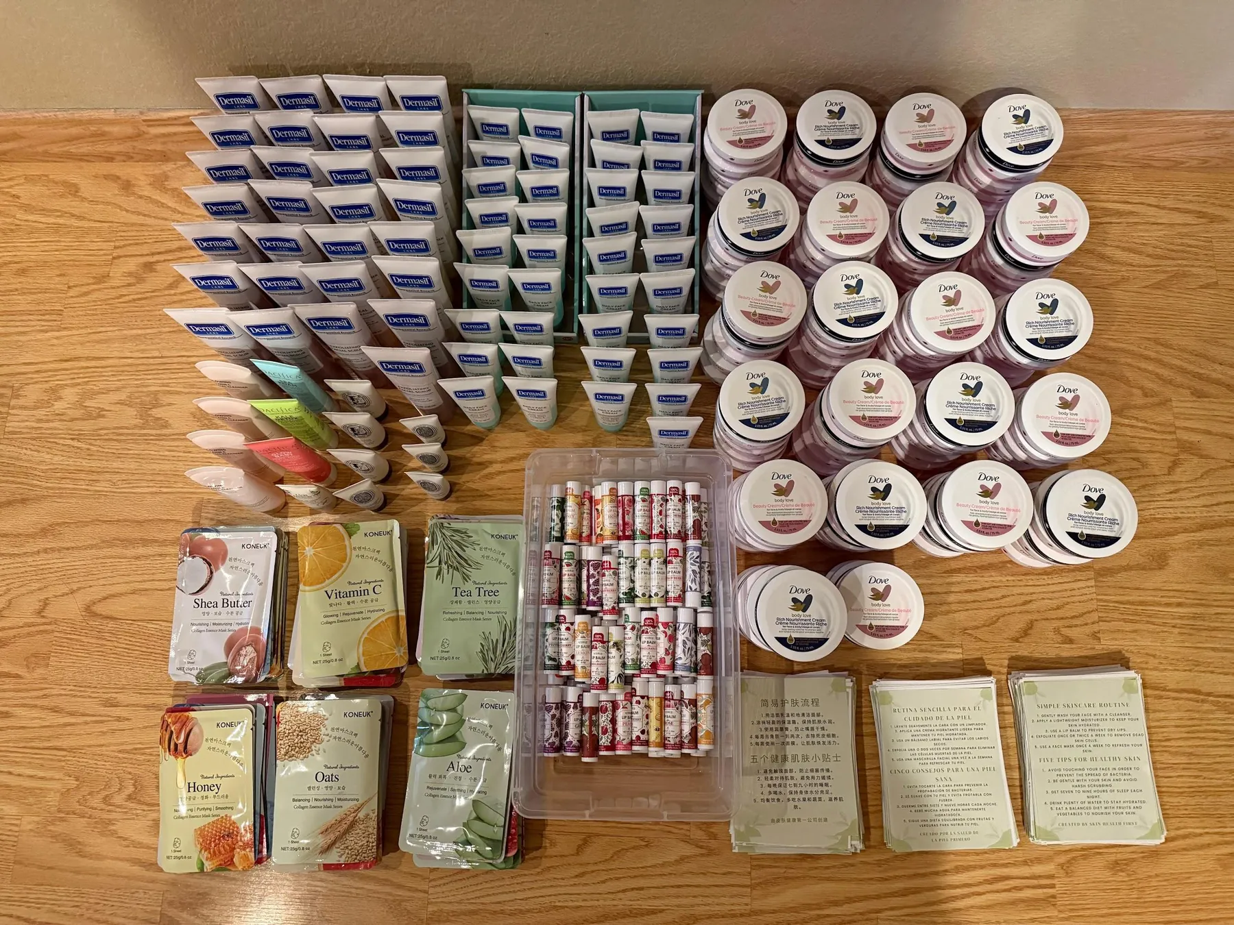 Skincare products laid out before assembly.